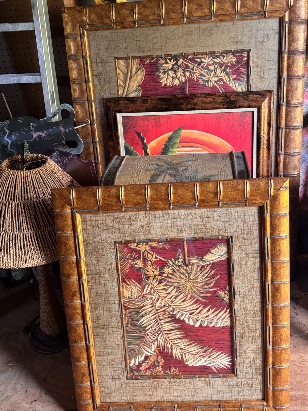 Tommy Bahama Tropical Framed Art Trio with Gold Bamboo Frames